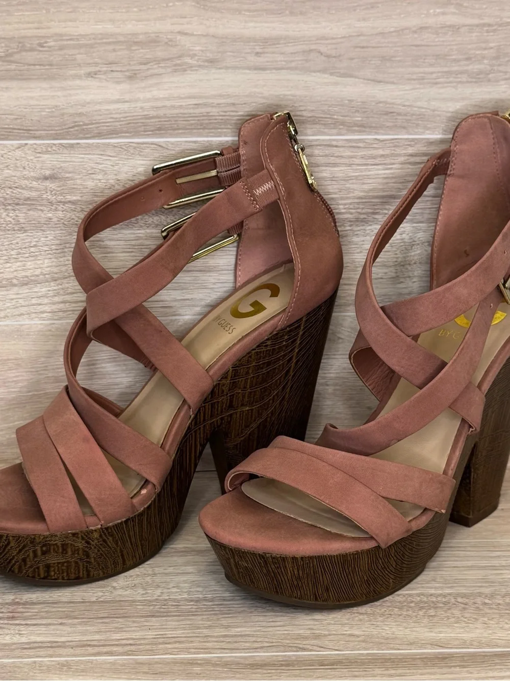 G by Guess Sissy Dusty Rose Faux Suede Wedge Heel/Platform Sandals